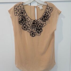 Club Monaco Tan Blouse with Black Floral Accents